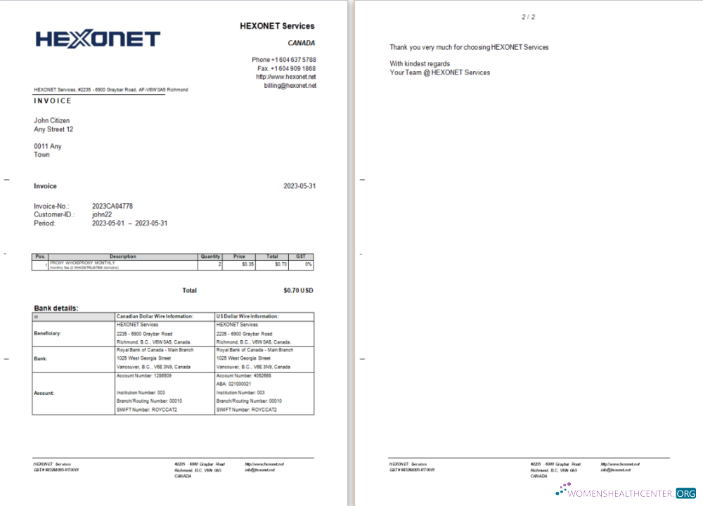 Download Canada Hexonet Services invoice Word and PDF template Photoshop template